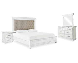 Kanwyn Queen Upholstered Panel Bed, Dresser, Mirror, and Nightstand