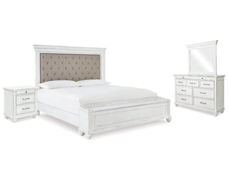 Kanwyn King Upholstered Storage Bed, Dresser, Mirror and Nightstand