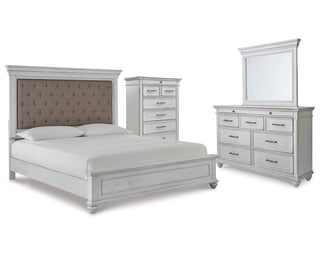 Kanwyn King Upholstered Panel Bed, Dresser, Mirror and Chest
