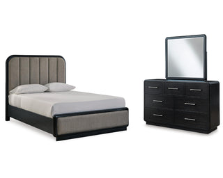 Rowanbeck Queen Upholstered Panel Bed, Dresser and Mirror