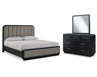 Rowanbeck King Upholstered Panel Bed, Dresser and Mirror