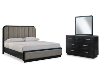 Rowanbeck California King Upholstered Panel Bed, Dresser and Mirror