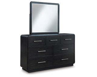 Rowanbeck California King Upholstered Panel Bed, Dresser and Mirror