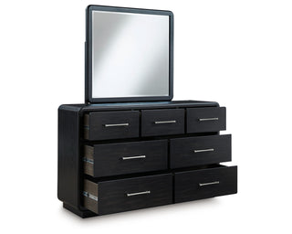 Rowanbeck Queen Upholstered Panel Bed, Dresser and Mirror