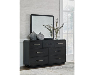 Rowanbeck Queen Upholstered Panel Bed, Dresser and Mirror