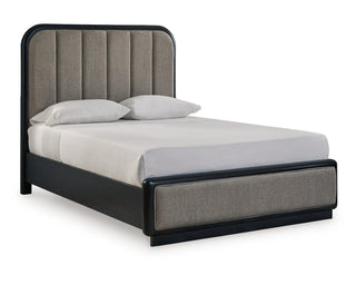 Rowanbeck Queen Upholstered Panel Bed, Dresser and Mirror