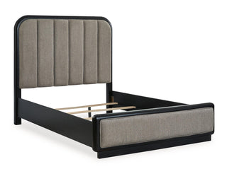 Rowanbeck Queen Upholstered Panel Bed, Dresser and Mirror