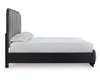 Rowanbeck Queen Upholstered Panel Bed, Dresser and Mirror