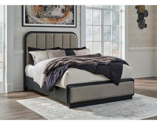Rowanbeck Queen Upholstered Panel Bed, Dresser and Mirror