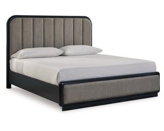 Rowanbeck King Upholstered Panel Bed, Dresser and Mirror