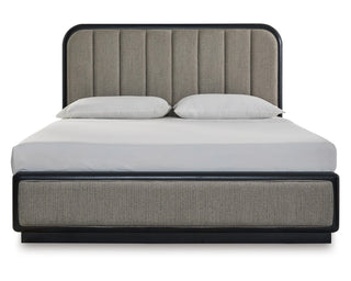 Rowanbeck King Upholstered Panel Bed, Dresser and Mirror