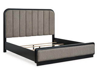 Rowanbeck California King Upholstered Panel Bed, Dresser and Mirror
