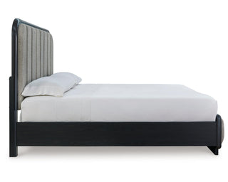 Rowanbeck California King Upholstered Panel Bed, Dresser and Mirror