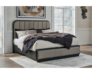 Rowanbeck King Upholstered Panel Bed, Dresser and Mirror
