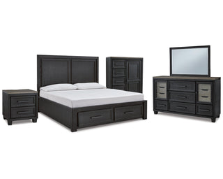 Foyland Cal King Panel Storage Bed, Dresser, Mirror, Chest and Nightstand