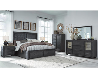 Foyland Cal King Panel Storage Bed, Dresser, Mirror, Chest and Nightstand