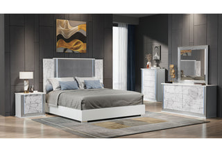 YLIME WHITE MARBLE QUEEN BED GROUP FULLY SLATTED