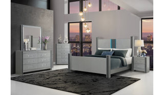 LOGAN SILVER FULL BED, DRESSER, MIRROR AND NIGHTSTAND
