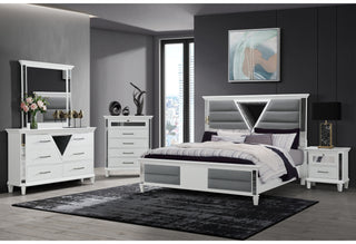 MARCO METALLIC WHITE KING BED, DRESSER, MIRROR AND NIGHTSTAND